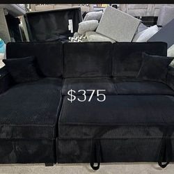 Black 2-Pc Corduroy Sectional Sofa With Pullout Bed, Storage, And Reversible Chaise 