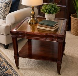Vintage Cherry Wood End Table with Decorative Inlay Top & Lower Shelf