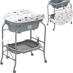 BABY JOY Baby Bathtub with Changing Table, Foldable Infant Diaper Changing Station with Storage Tray, Waterproof Pad, Portable Newborn Nursery Organiz
