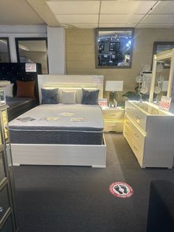 Brand New Queen White LED Platform Bedroom Set