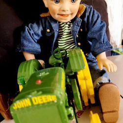 BNIB BILLY PORCELAIN DOLL WITH JOHN DEERE TRACTOR