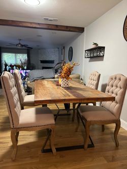 Farmhouse Rustic Butcher Block Wood Dining Table & 6 Tufted Chairs Set