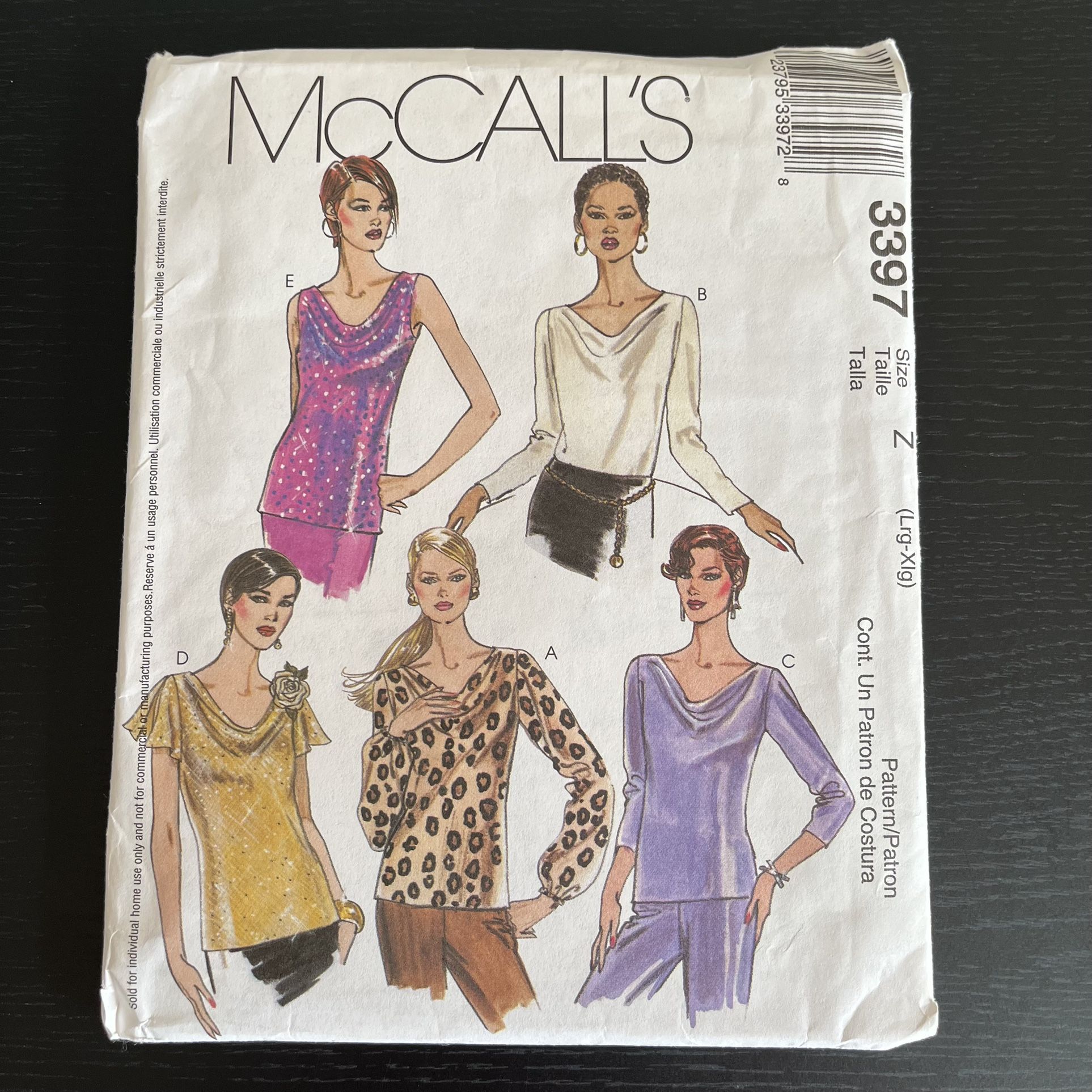 McCall’s Sewing Pattern 3397 Size L - XL Bias Tops 2001