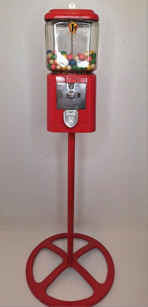 RARE Vintage 1950s-1960s Acorn Oak 1 Cent Gumball Machine on Stand with the Motto "Retarded Children Can Be Helped" Stamped on the Cap