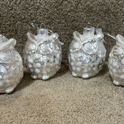 Blown Glass Silver Owl lot of 4 Christmas ornaments 3” tall