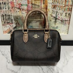 NWT Coach Mini Rowan Crossbody Bag In Blocked Signature Canvas Gold/Walnut/Tan