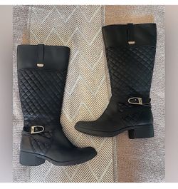 Black & Gold Faux Leather Diamond Stitch Pattern Knee-High Block Heel Boots