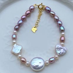 B52-Handmade Metallic Purple Pearl, Coin, Heart And Clover Pearl S925 Bracelet