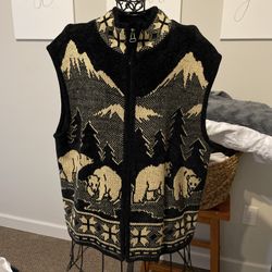Lisa International Sweater Vest Bears Mountains Black Tan Zip Front L Large