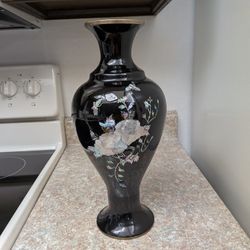 Vintage Korean brass vase (14 inches tall) featuring black lacquer and intricate mother-of-pearl floral inlay