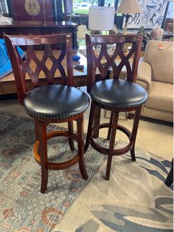 Pair Cherry X-Back Swivel High Back Stools, - 29” H