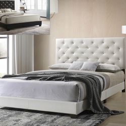 White Queen Size Diamond Tuffed Leather Bed And Mattress/Fast Deliver