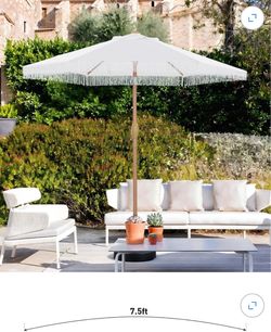 7.5ft White Patio Umbrella with Fringe + Heavy Duty Base