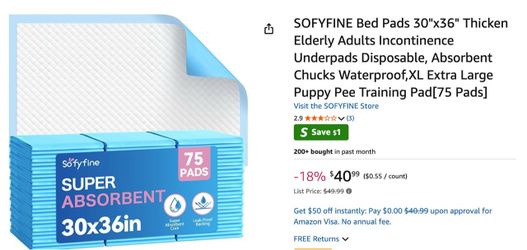 SOFYFINE Disposable Bed Pads 30"x36" 75 Count (69 pcs)