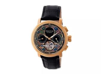 HERITOR Aura 44mm Rose Gold Stainless Steel Case Black Leather Semi-Skeleton Men