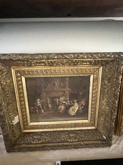 Antique Oil Painting – European Village Street Scene – Framed Vintage Art