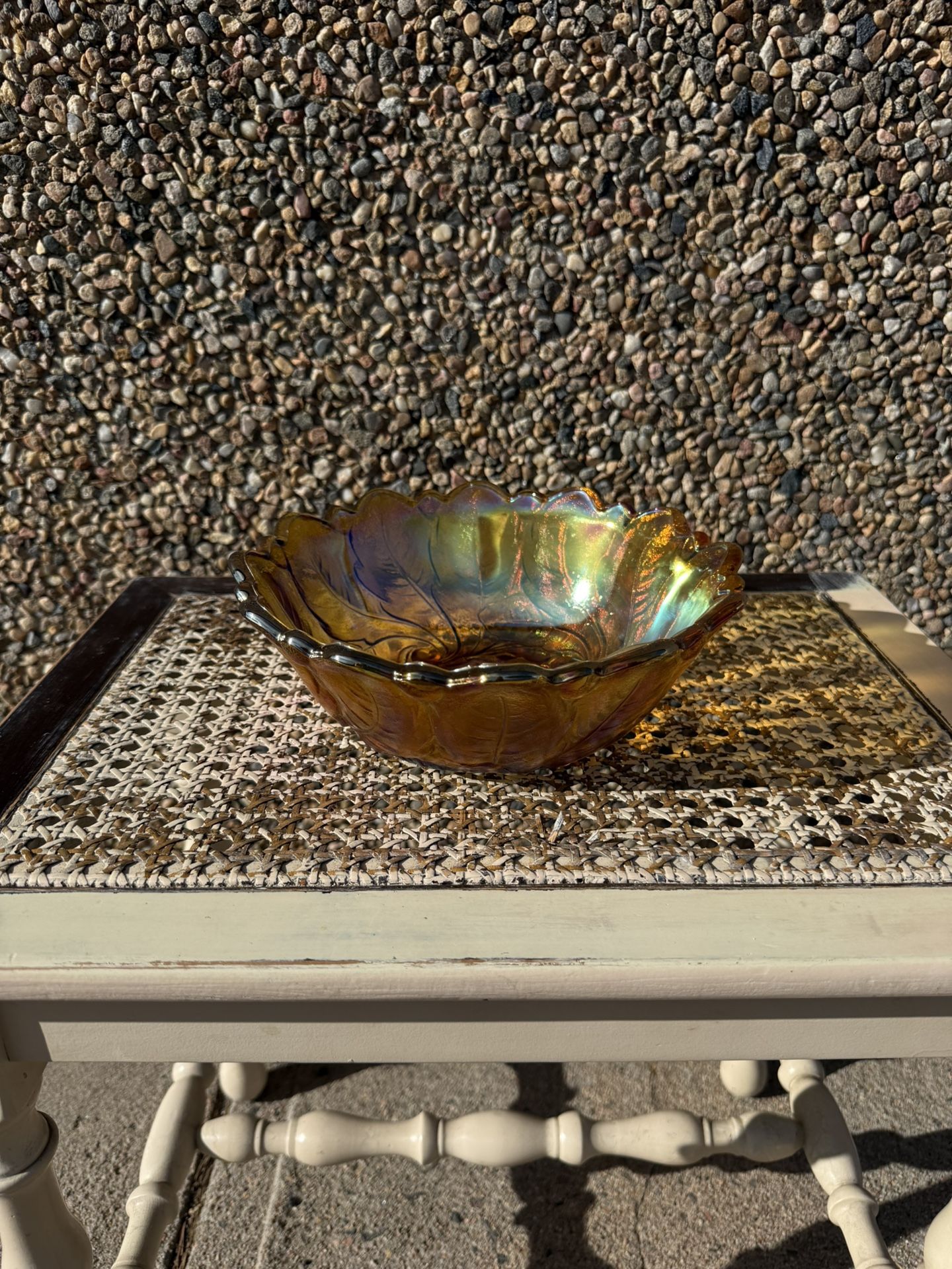 Indiana Glass Iridescent Marigold Carnival Glass Footed Bowl - Wild Rose Pattern