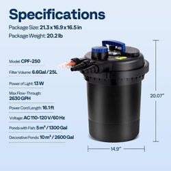 🥨VIVOHOME 2630GPH Bio Pressure Pond Filter with 13W Light for Various Ponds Multi-Size Adapter, 16.4ft Power Cord, Koi Ponds up to 1300Gallons, Ornam