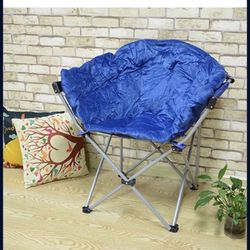 Folding Saucer Moon Chair Short Plush Faux Fur Padded Club Seat (Blue)