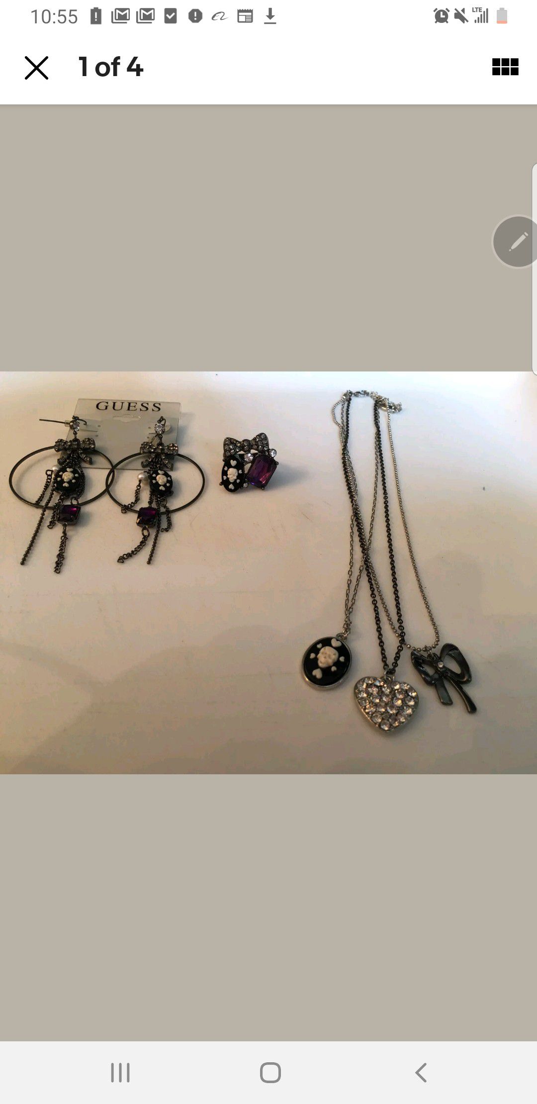 Guess Black/Gunmetal/Silver Charm Necklace, Hoop Earrings, Ring With Skull-Cameo