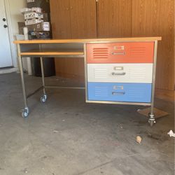 Pottery Barn Teen Desk- Wood Metal- On Wheels 