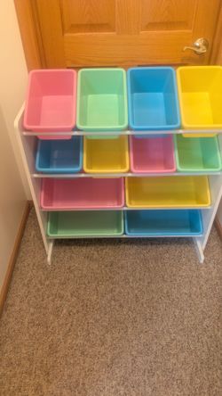 Kids Toy Storage Organizer W/ 12 Plastic Bins White Wood like new
Cost over $90 new