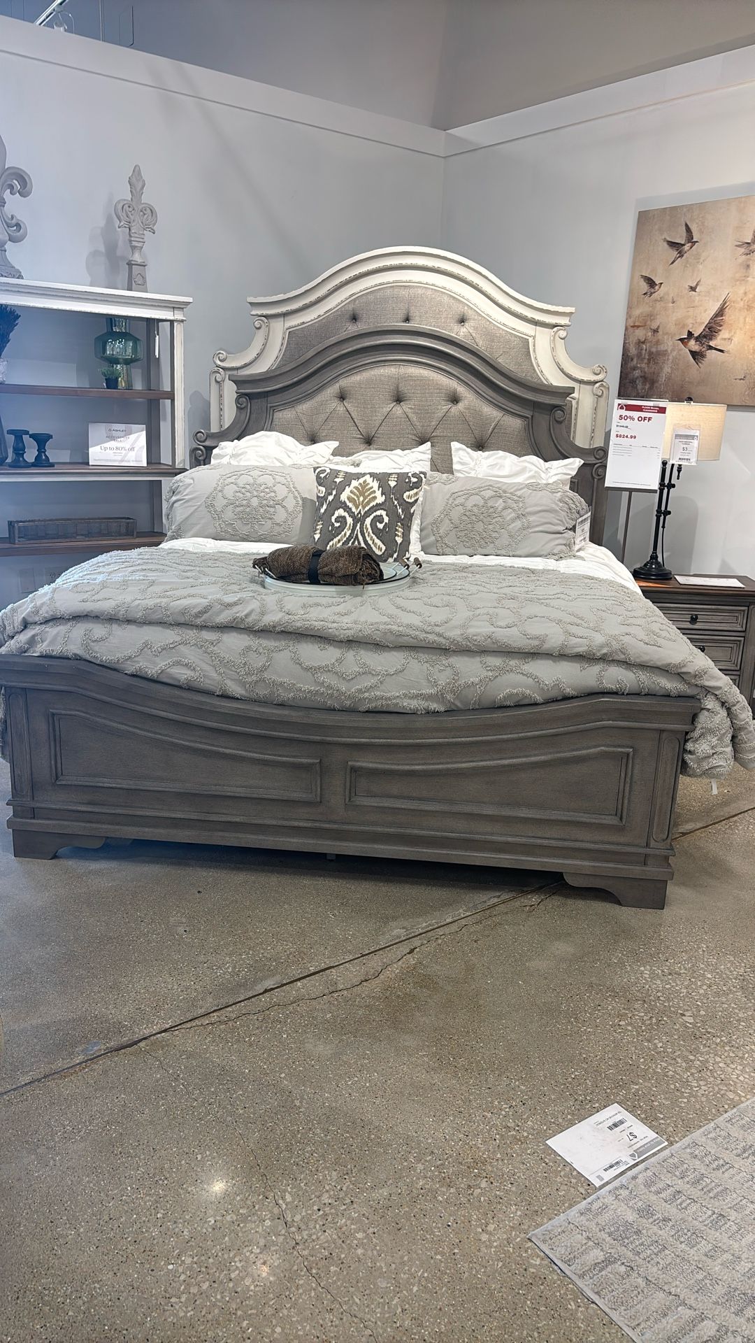 KING GREY UPHOLSTERED BED W/ NIGHTSTAND!