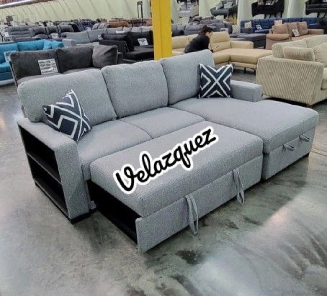 ✅️✅️2 pc Grey boucle fabric sectional sofa with pop up sleep area and storage chaise drop down tray table wireless charging✅️✅️✅️
