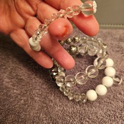 Crystal-Silver-White Gemstone Round Beaded Stretchy Bracelet