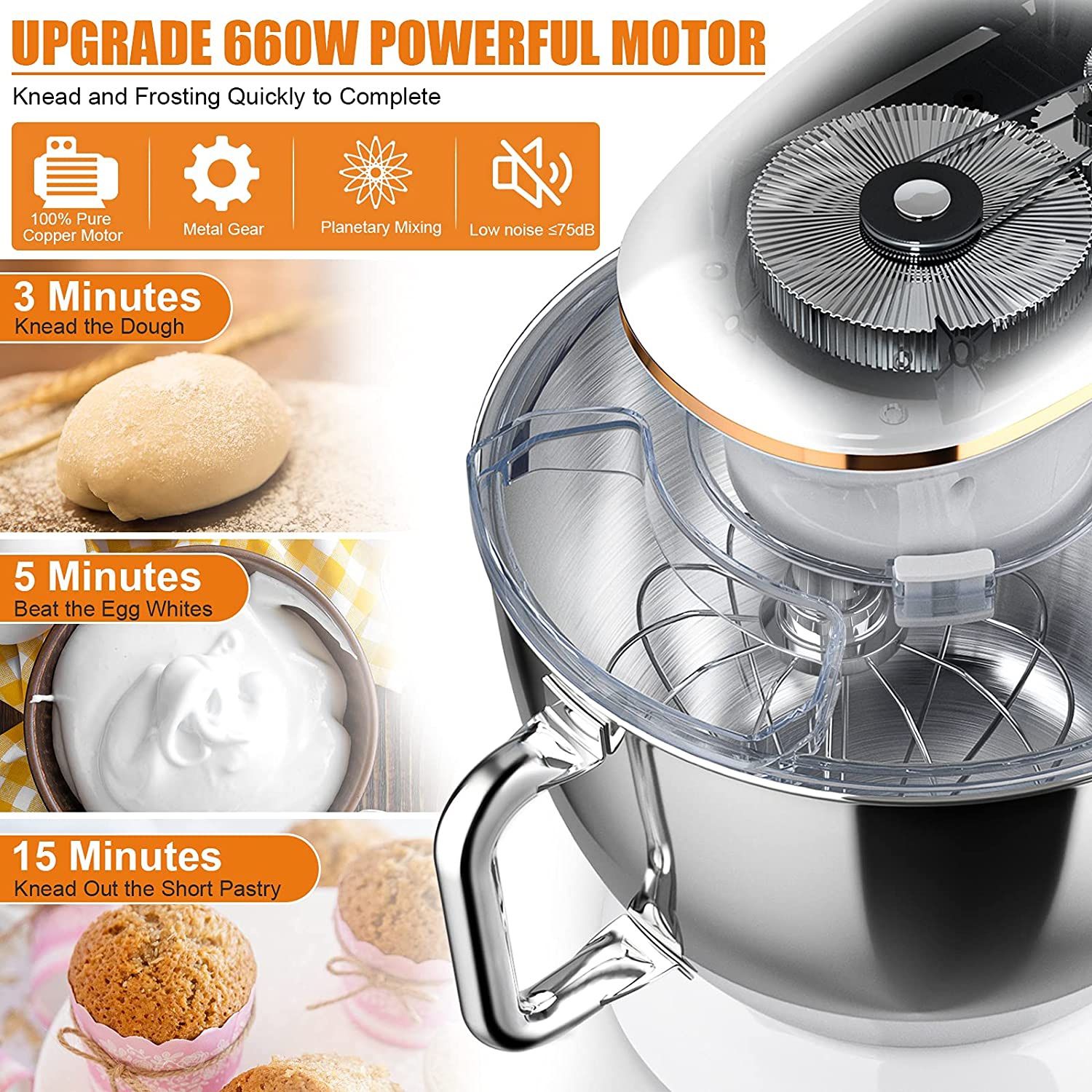 Stand Mixer, 8.5Qt Tilt-Head Food Mixer 660W 6+P Speed Kitchen Mixers Cwiim, with Dough Hook, Flat Beater, Whisk, Splash Guard, for Baking Bread Cake 