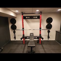 Ethos Folding Squat Rack With Pullup Bar, Spotter Arms & Wall Mounted Plate/Barbell/Medicine Ball Storage