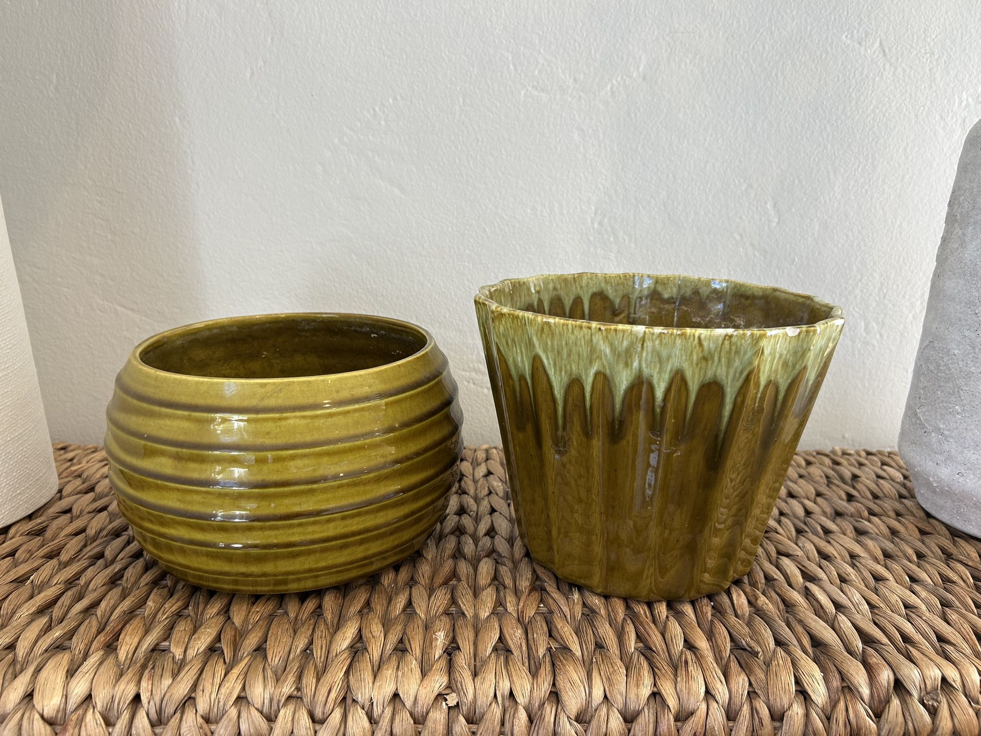 Vintage Lot 2 Mid Century Glazed Planter Pots Vases Urn Plant Flower Pots Collectible Green Stoneware MCM Retro
