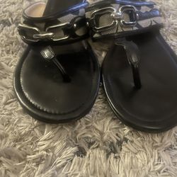 Coach Black Thong Sandals/slip On Wedge Lego Metal accent Leather Fabric