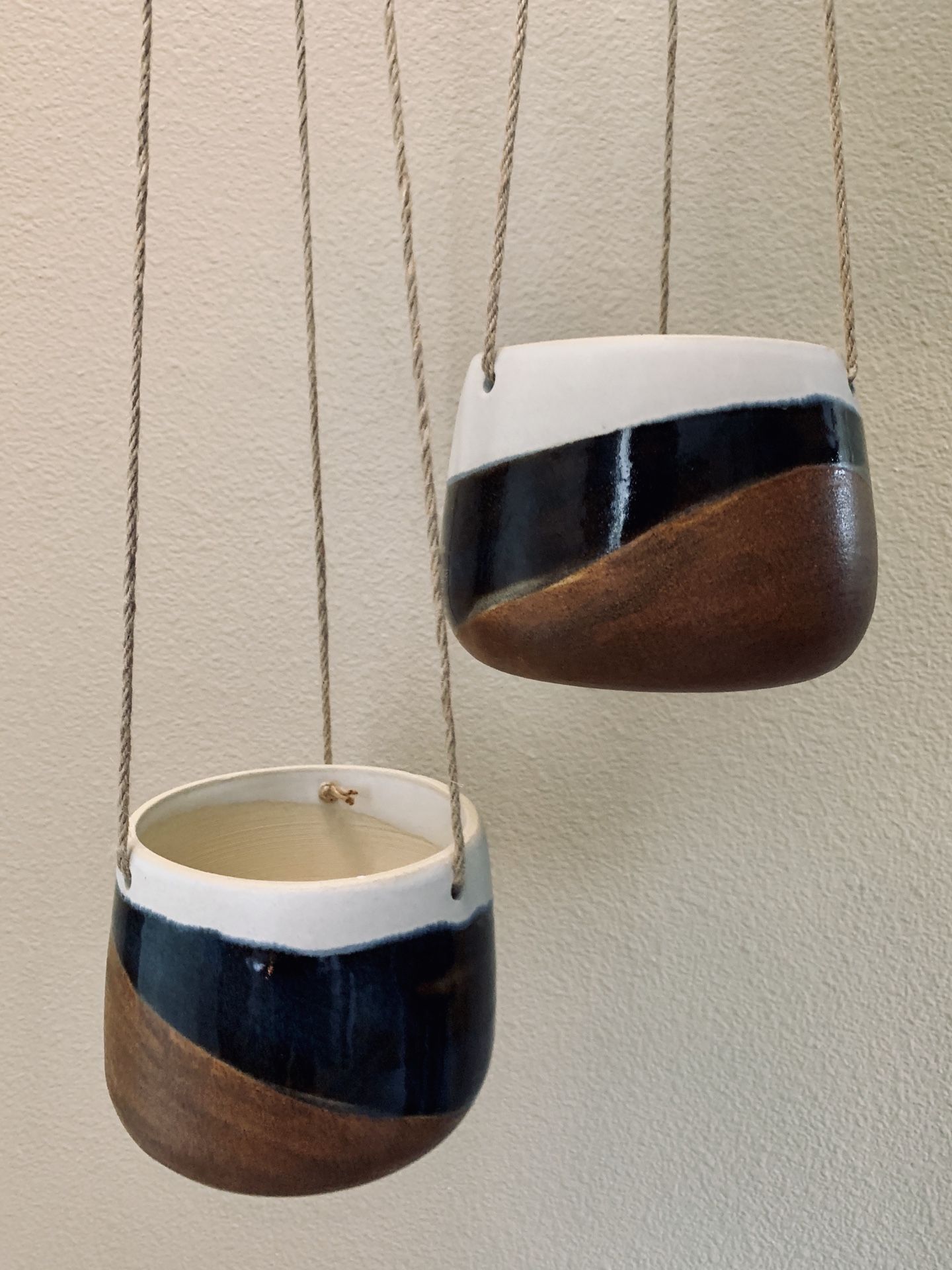 Unique handmade Hanging Ceramic Planter Blue Brown And White Plant Pot