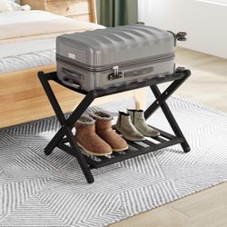 Walnut/Black  Luggage Rack, Upgraded Bamboo Foldable Suitcase Stand with 5 Nylon Straps,