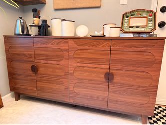 Mid-Century Modern Brown Wood Buffet Sideboard, 4 Doors, 1 Shelf, 63" x 15.7"
