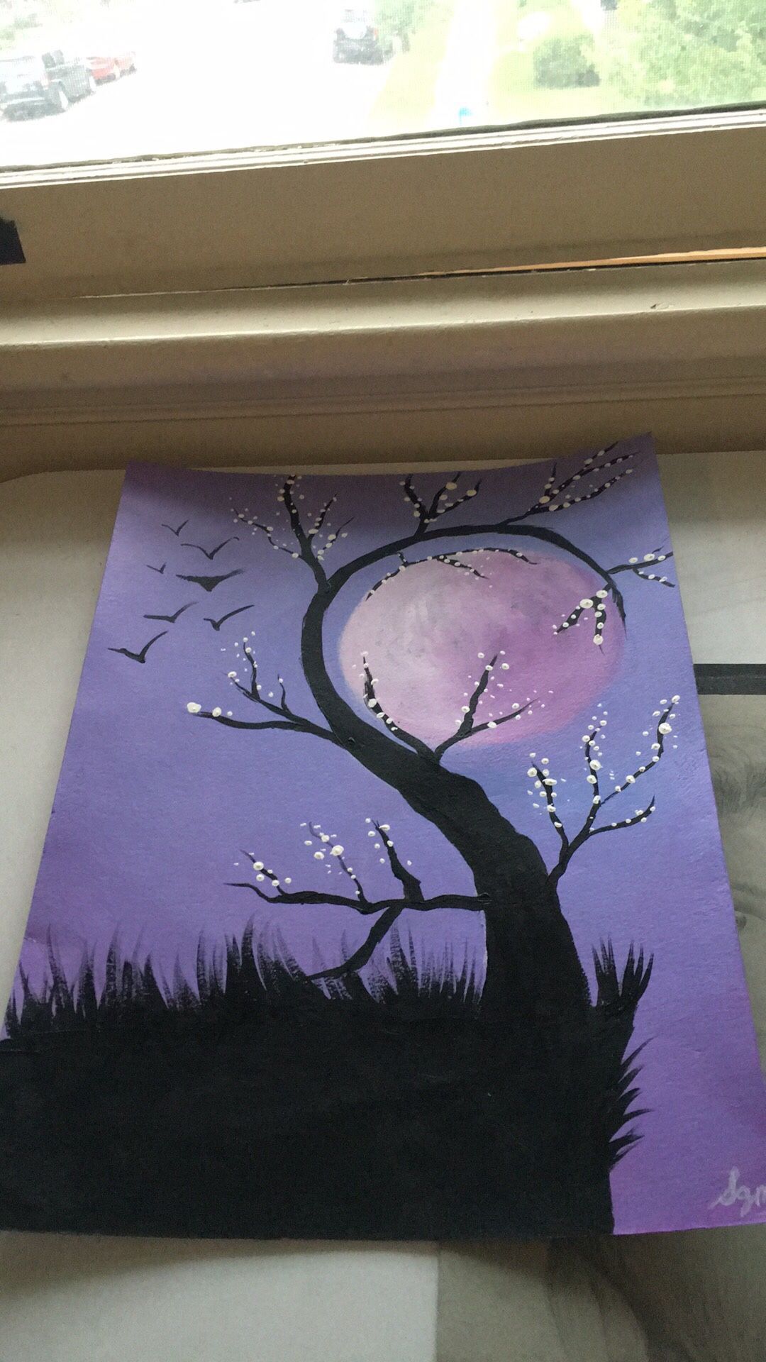 Original spooky tree moonlit silouhette painting
