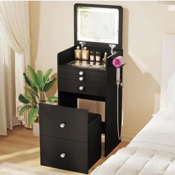 3-in-1 Vanity Desk with Flip Top LED Light Mirror and Glass Desktop, with Drawers, with Stool , W-44