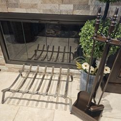 Vintage 1985 Five Piece Fireplace Tool Set and Cast Iron Log Holder