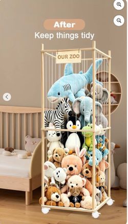 Stuffed Animal Storage Zoo with Wheels, Wooden Large Stuff Animals Plushies Holder Toy Organizer Storage Cage with Elastic Band and Net for Nursery Pl