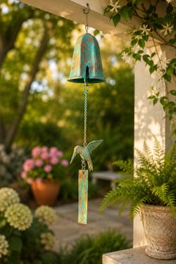 Artisan Verdigris Hummingbird Wind Bell Garden & Patio Hanging Decor Metal Collectible