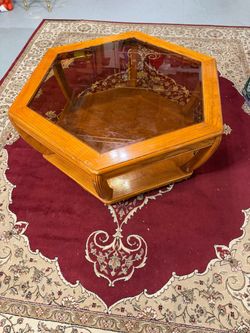 Hexagonal Wood and Glass Coffee Table with wheel