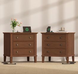 Solid Wood Nightstand Set of 2, Tall Leg Bedside Table with Charging Station, Farmhouse Night Stand with 3 Drawers, Anti-Scratch Foot Pads for Bedroom