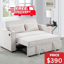 Beige Corduroy Convertible Sofa - Beige Loveseat With Pull Out Bed - Sleeper Sofa W/ Cup Holders & USB Port - free Delivery ✅