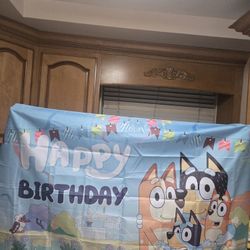 Bluey Backdrop 5×3, 5pack Foil Balloons and Table Cloth