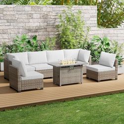 7 Pieces Outdoor Furniture Set Sectional Couch with Fire Pit Table Balcony Furniture Patio Table and Chairs Set with Propane Fire Pit