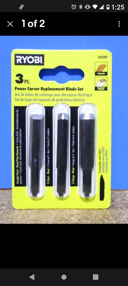 3-Piece Ryobi Power Carver Replacement Blade Set A33301 Straight U-Gouge V-Chise