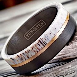 Men's Black Tungsten Wedding Band 8mm - Deer Antler Inlay Rose Gold Ring