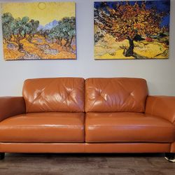 (2) Myia Violino 82" Tufted Back Italian Leather Sofa - Terracotta Orange