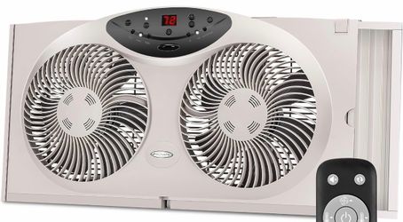 Bionaire Window Fan with Reversible Airflow Blades – 3-Speed Settings, Programmable Thermostat, LED Display, Remote Control, Fits 24–36" Windows, No A